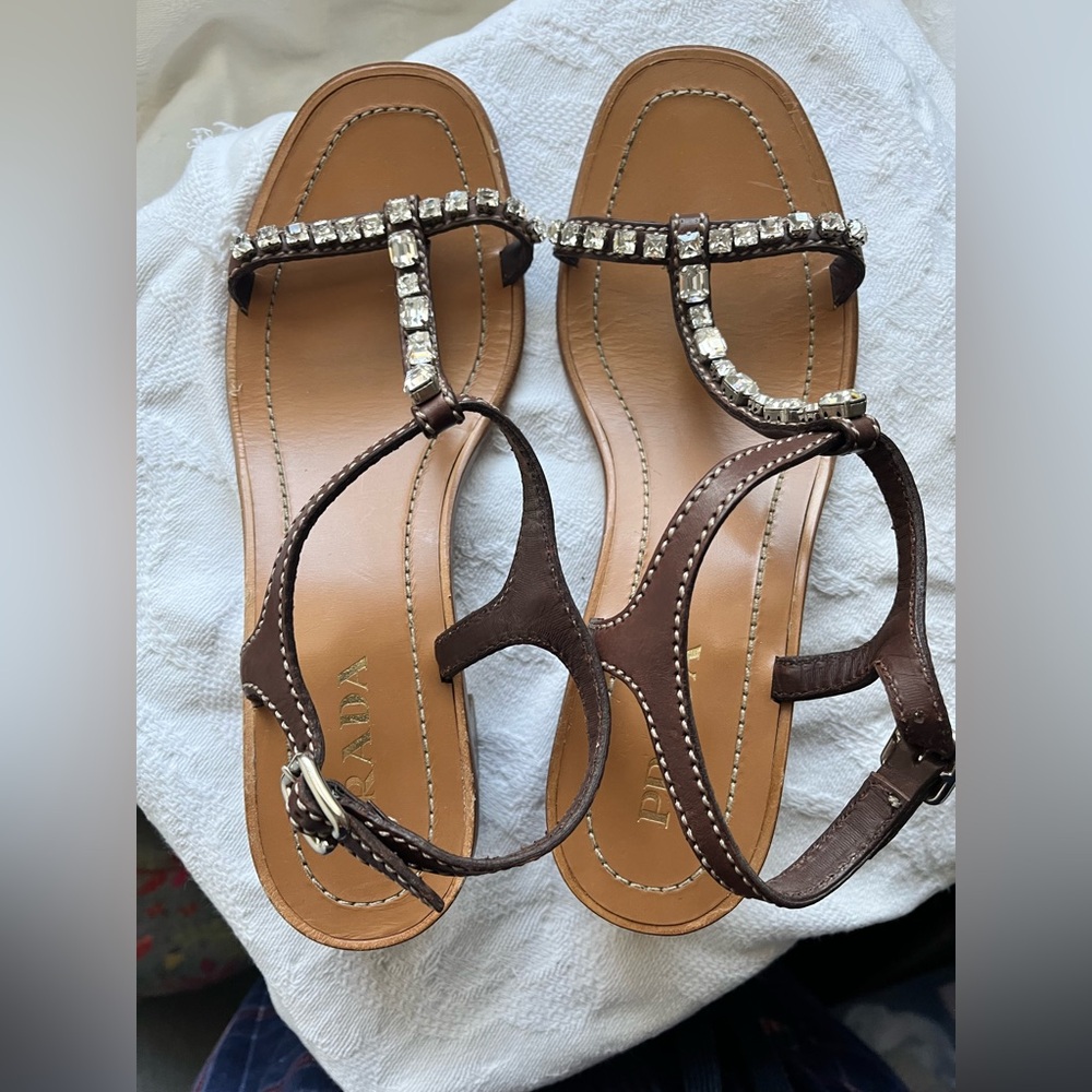 Prada Brown Sandals with Crystal Embellishments